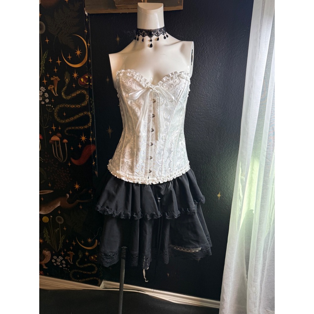 White Jacquard Floral Lace Up Corset Top Sweetheart Ruffle Trim Size Large